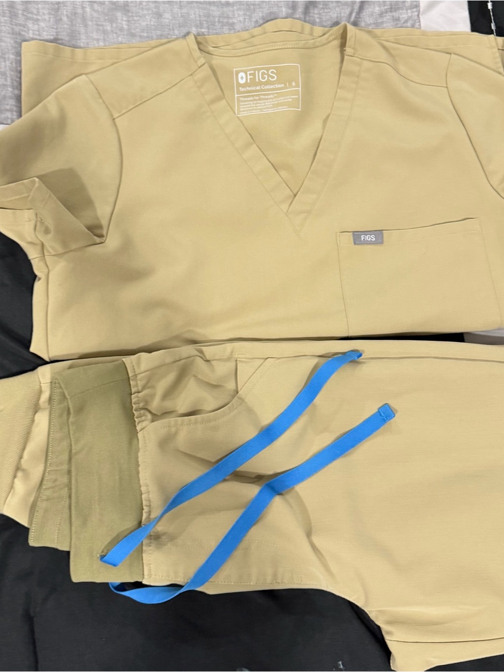 FIGS Kids Scrub Set in Khaki with Blue Drawstrings